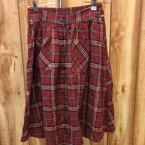 Modcoth Red Green Plaid Button-Front Elastic Skirt